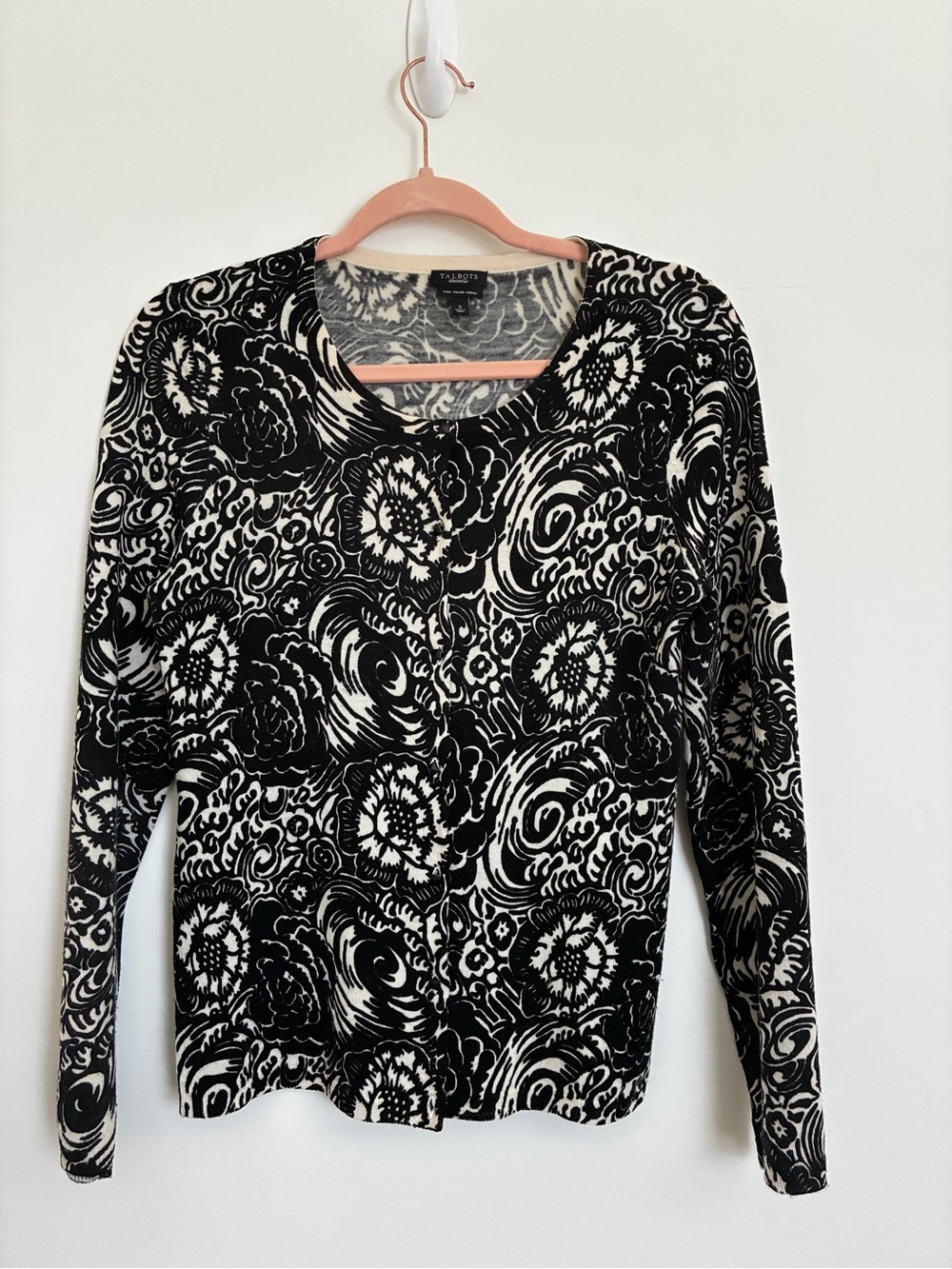 Talbots Merino Wool Black & White Floral Crewneck Cardigan size small